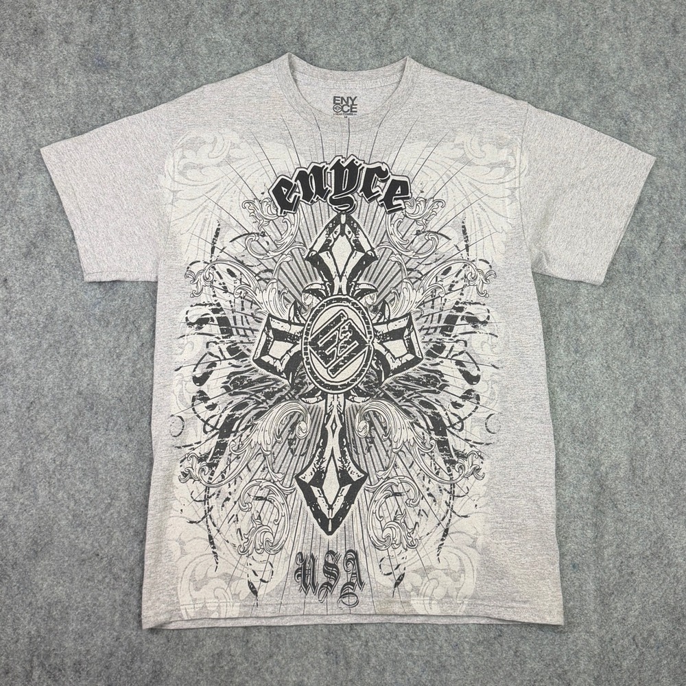Enyce Mens Y2K Graphic T-Shirt Grey Cross Filigree Streetwear Size M